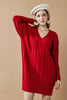 V-Neck Ribbed Hem Cable Knit Sweater Dress