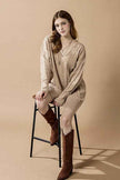 V-Neck Ribbed Hem Cable Knit Sweater Dress