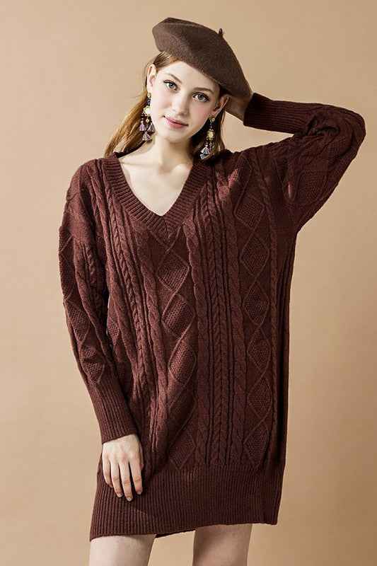 V-Neck Ribbed Hem Cable Knit Sweater Dress