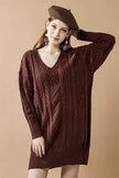 V-Neck Ribbed Hem Cable Knit Sweater Dress