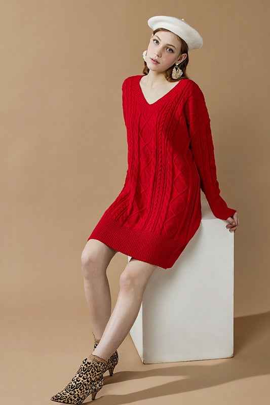 V-Neck Ribbed Hem Cable Knit Sweater Dress