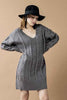 V-Neck Ribbed Hem Cable Knit Sweater Dress