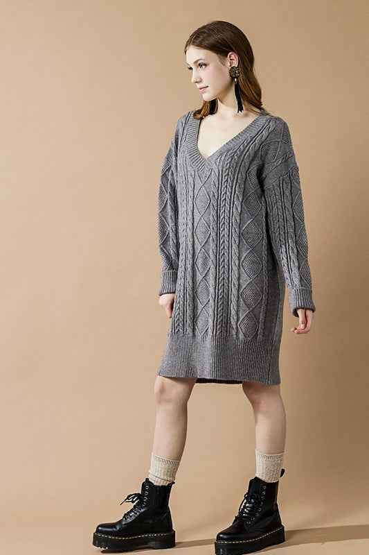 V-Neck Ribbed Hem Cable Knit Sweater Dress