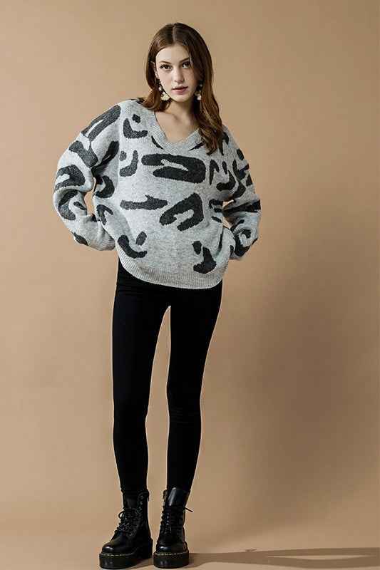 Fuzzy Mohair Jacquard V-Neck Leopard Sweater