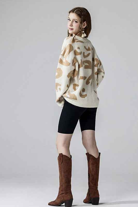 Fuzzy Mohair Jacquard V-Neck Leopard Sweater