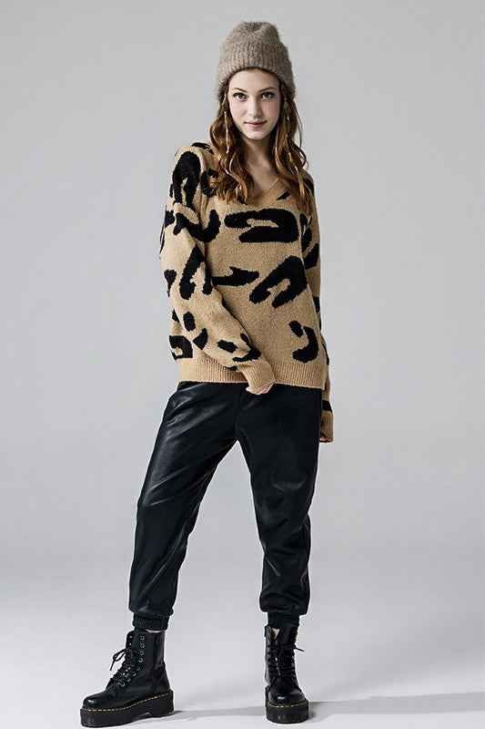 Fuzzy Mohair Jacquard V-Neck Leopard Sweater