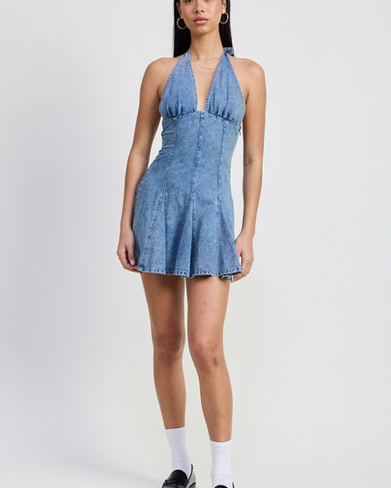 Mini Halter Neck Denim Dress - Pikemla
