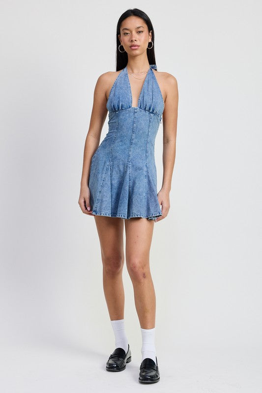 Mini Halter Neck Denim Dress - Pikemla