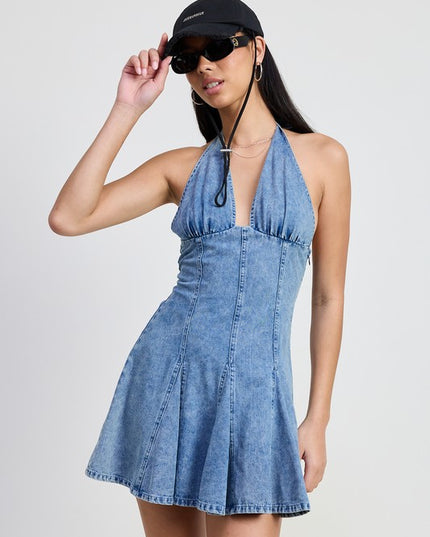Mini Halter Neck Denim Dress - Pikemla