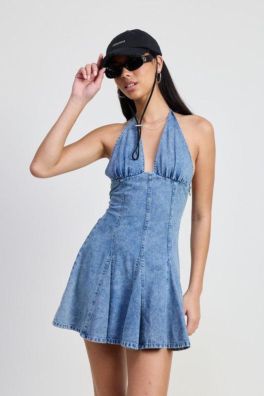 Mini Halter Neck Denim Dress - Pikemla