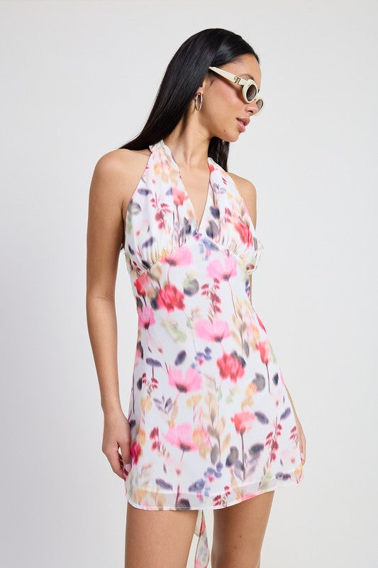 MINI HALTER NECK FLORAL DRESS - Pikemla