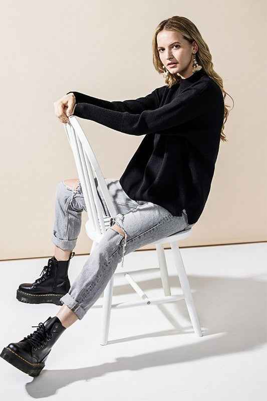 Mock Neck Balloon Sleeve Side Slit Sweater