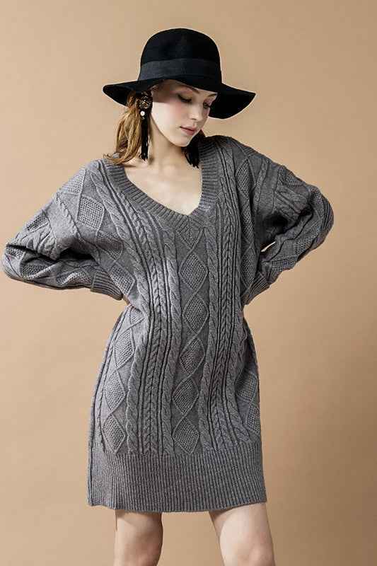V-Neck Ribbed Hem Cable Knit Sweater Dress