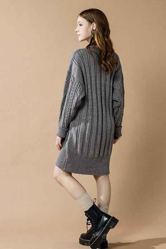 V-Neck Ribbed Hem Cable Knit Sweater Dress