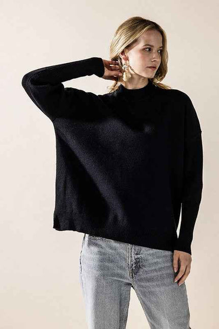 Mock Neck Balloon Sleeve Side Slit Sweater