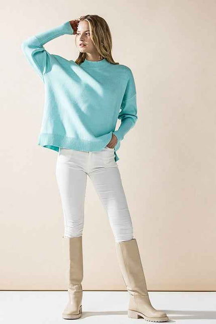 Mock Neck Balloon Sleeve Side Slit Sweater
