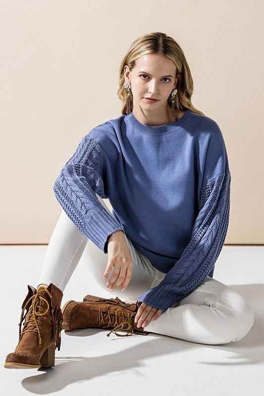Plus Cozy Solid Body Contrast Cable Knit Sweater