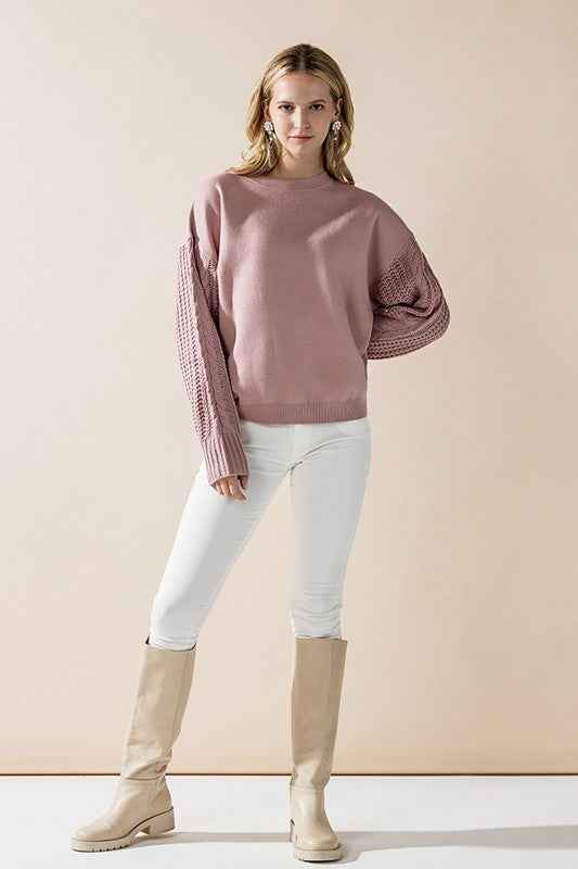 Plus Cozy Solid Body Contrast Cable Knit Sweater