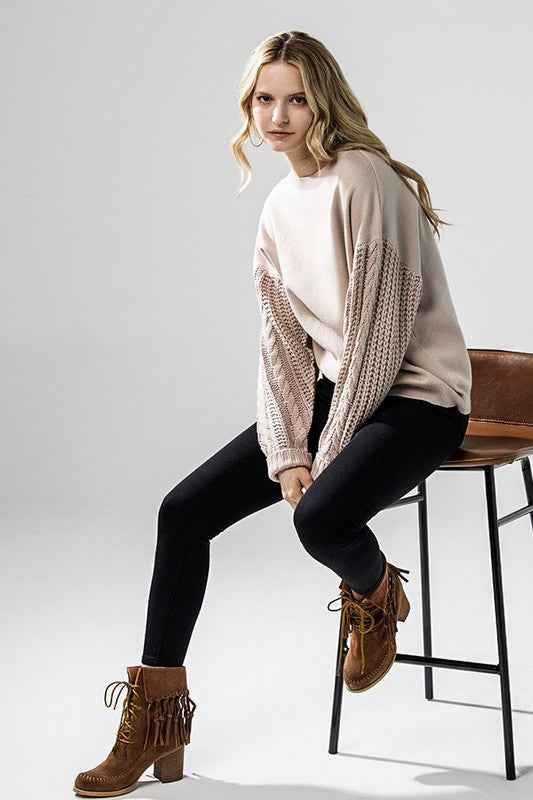 Plus Cozy Solid Body Contrast Cable Knit Sweater