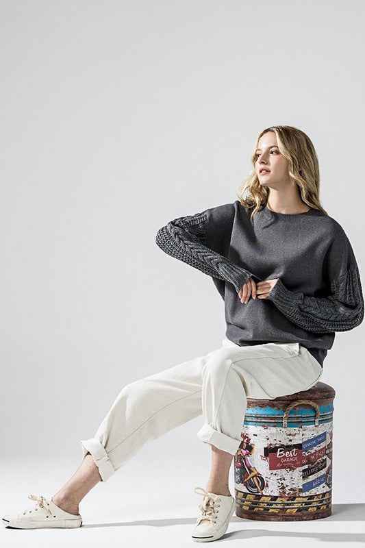 Plus Cozy Solid Body Contrast Cable Knit Sweater