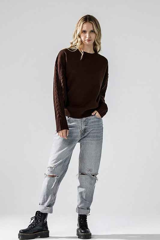 Plus Cozy Solid Body Contrast Cable Knit Sweater