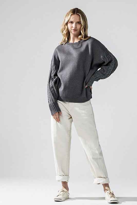 Plus Cozy Solid Body Contrast Cable Knit Sweater
