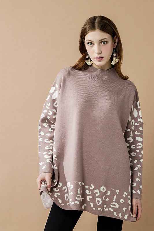 Plus Oversize MockNeck Leopard Print Sweater Tunic