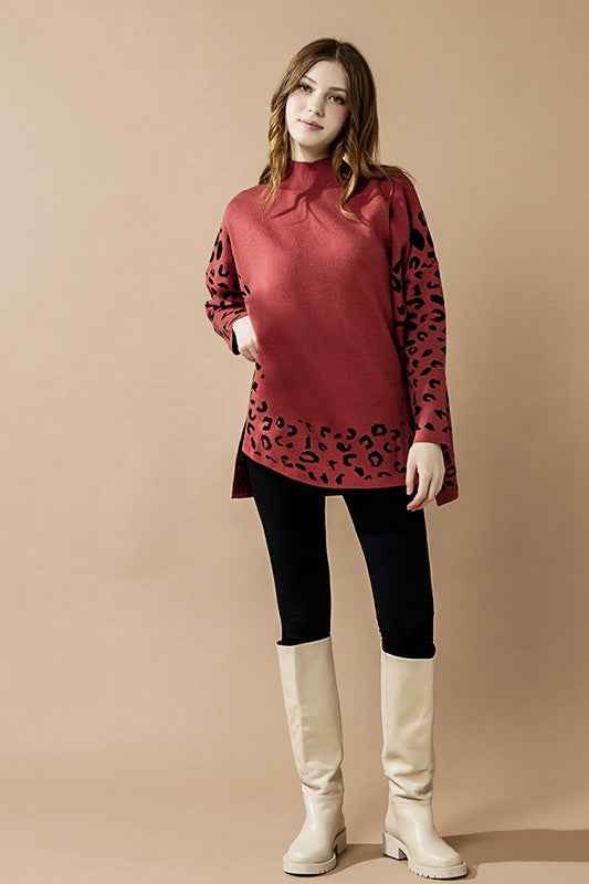 Plus Oversize MockNeck Leopard Print Sweater Tunic