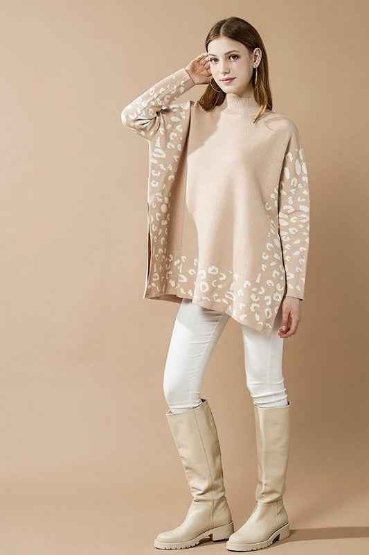 Plus Oversize MockNeck Leopard Print Sweater Tunic