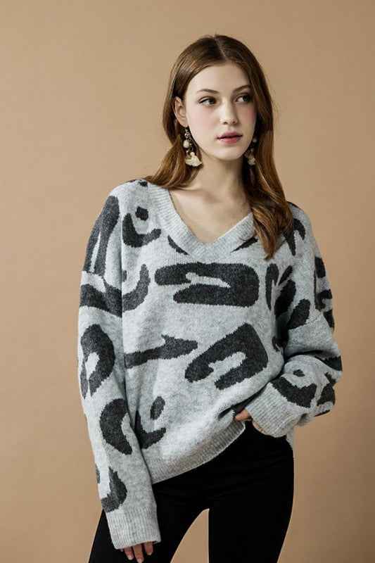 Plus Fuzzy Mohair Jacquard V-Neck Leopard Sweater