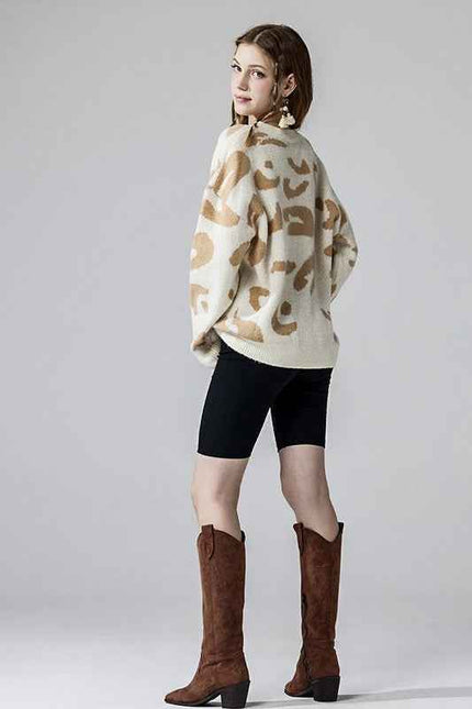Plus Fuzzy Mohair Jacquard V-Neck Leopard Sweater