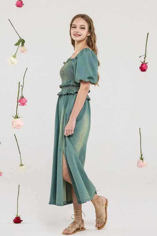 Plus Denim Off Shoulder Puff Slv Smocked Dress