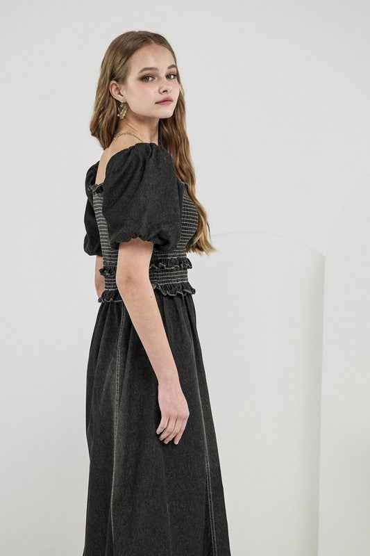 Plus Denim Off Shoulder Puff Slv Smocked Dress