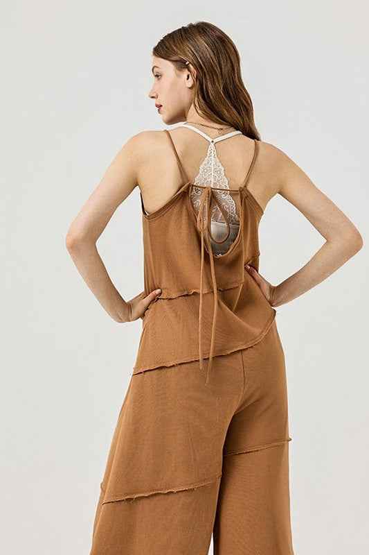Plus Keyhole back Wide Leg Raw Edge Jumpsuit