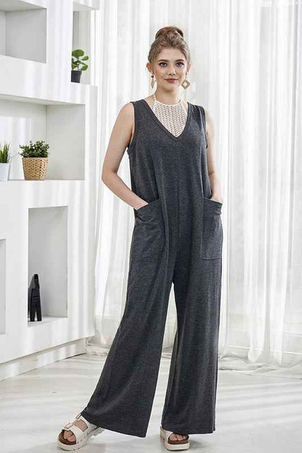 Oversized Patched Pocket V-Neck Jumpsuit