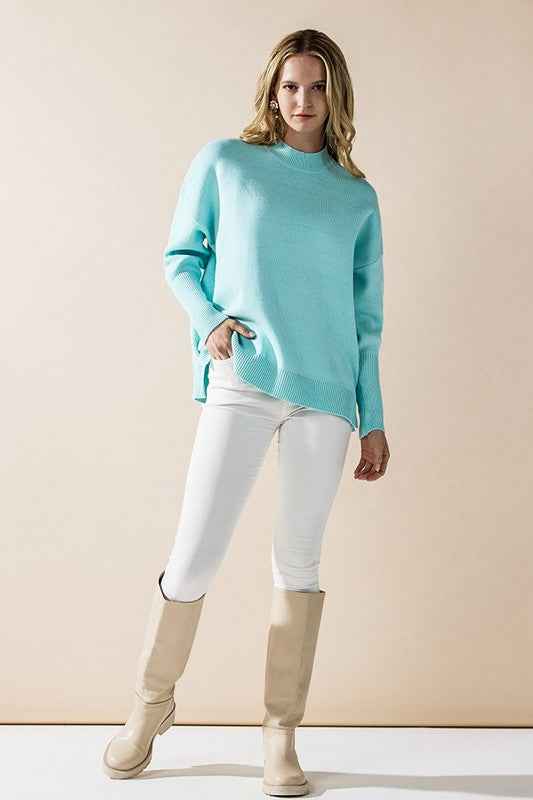 Mock Neck Balloon Sleeve Side Slit Sweater