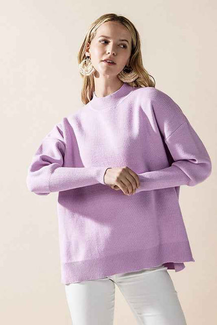 Mock Neck Balloon Sleeve Side Slit Sweater