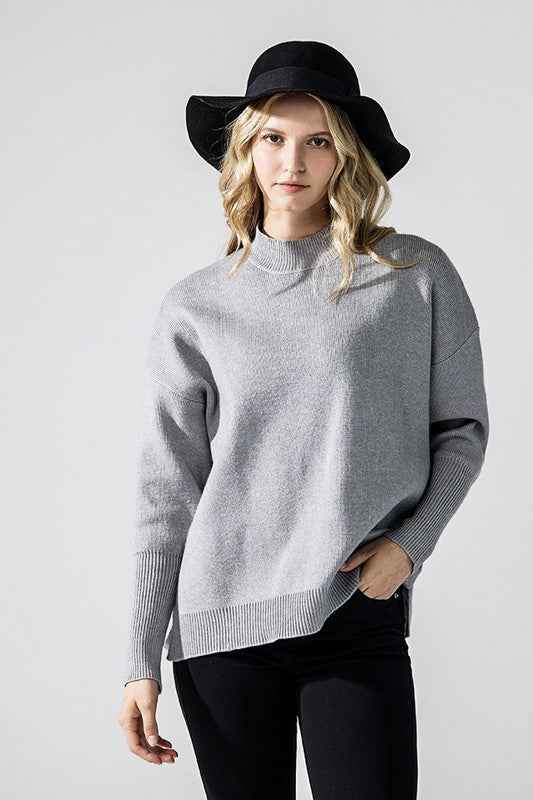 Mock Neck Balloon Sleeve Side Slit Sweater