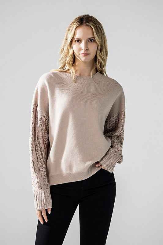 Plus Cozy Solid Body Contrast Cable Knit Sweater
