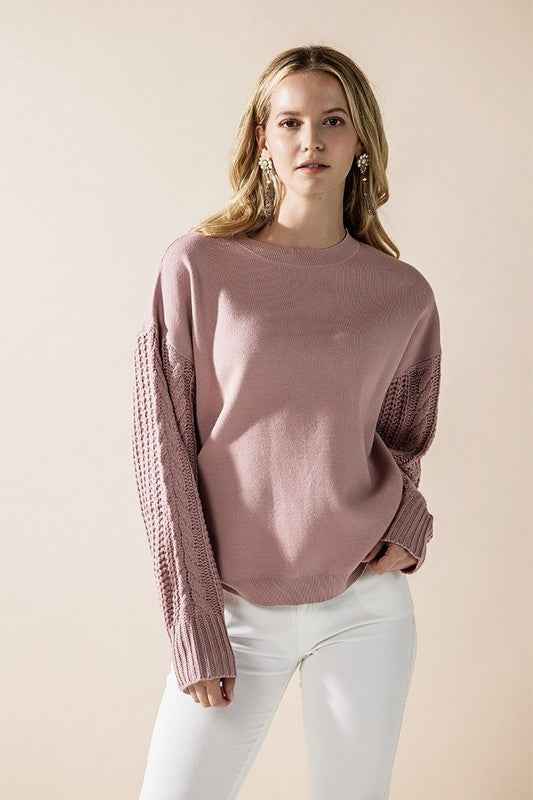 Plus Cozy Solid Body Contrast Cable Knit Sweater