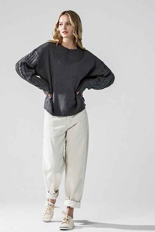Plus Cozy Solid Body Contrast Cable Knit Sweater
