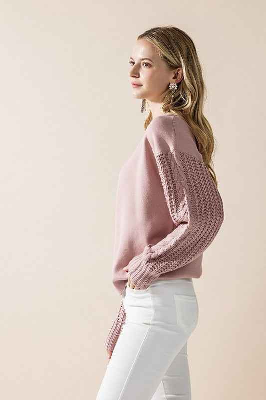 Plus Cozy Solid Body Contrast Cable Knit Sweater