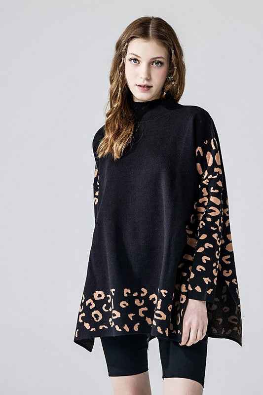 Oversized Mock Neck Leopard Print Sweater Tunic