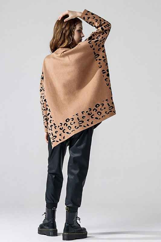 Oversized Mock Neck Leopard Print Sweater Tunic