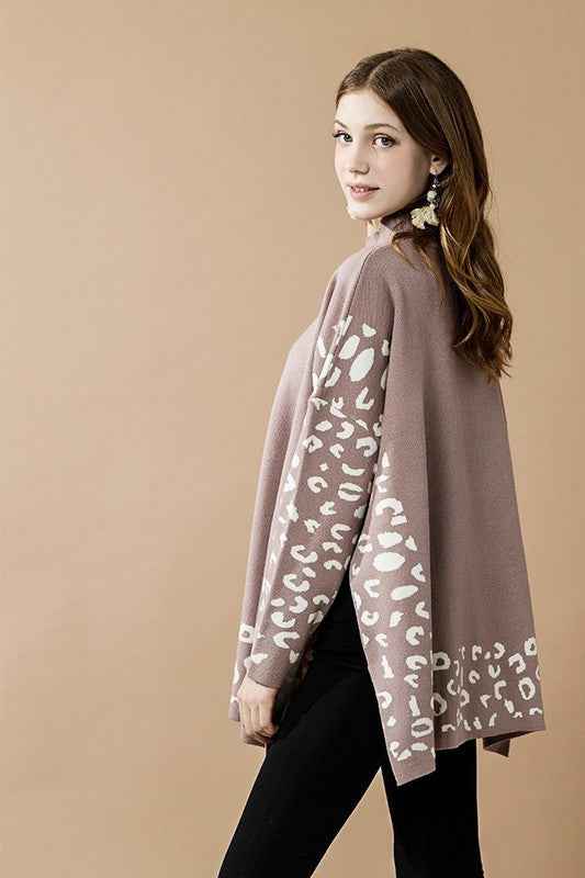 Oversized Mock Neck Leopard Print Sweater Tunic