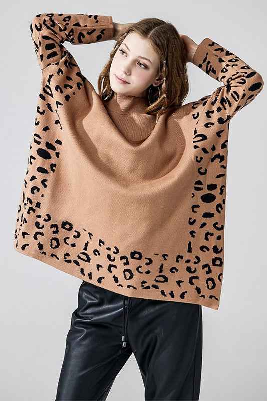 Oversized Mock Neck Leopard Print Sweater Tunic