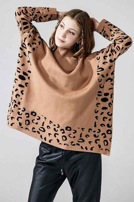 Oversized Mock Neck Leopard Print Sweater Tunic