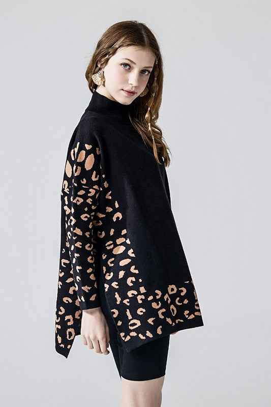 Oversized Mock Neck Leopard Print Sweater Tunic