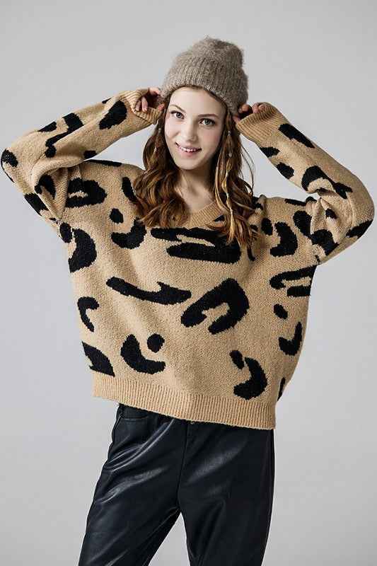 Plus Fuzzy Mohair Jacquard V-Neck Leopard Sweater