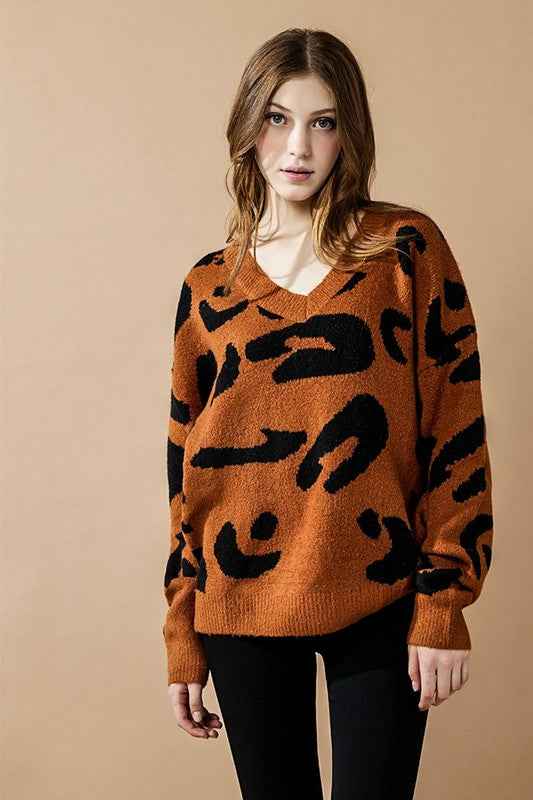 Plus Fuzzy Mohair Jacquard V-Neck Leopard Sweater